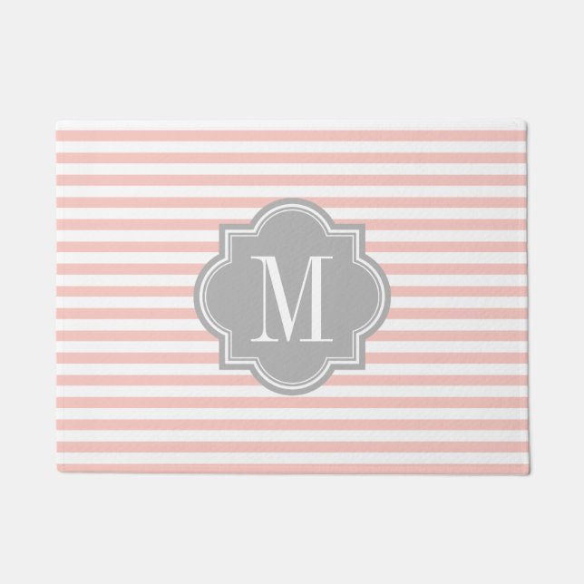 Paillasson Rougissent les rayures roses avec le monogramme (Devant)