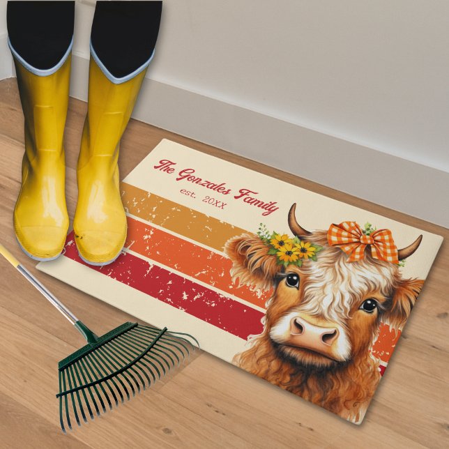 Paillasson Russe Automne Ferme Famille Highland Porte de vach (Rustic Farmhouse Fall Front Door Home Decoration Highland Cow With Sunflowers  Plaid Ribbon )