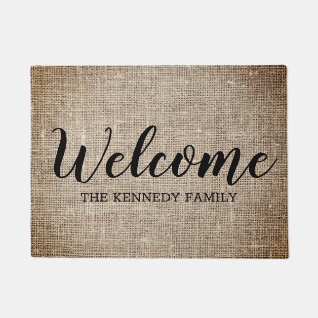 Paillasson Russe Burlap Farmhouse Nom de famille Bienvenue (Devant)