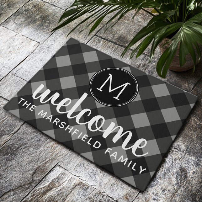 Paillasson Russe gris et noir Buffalo Plaid Accueil de la fam (Custom Welcome Mat)