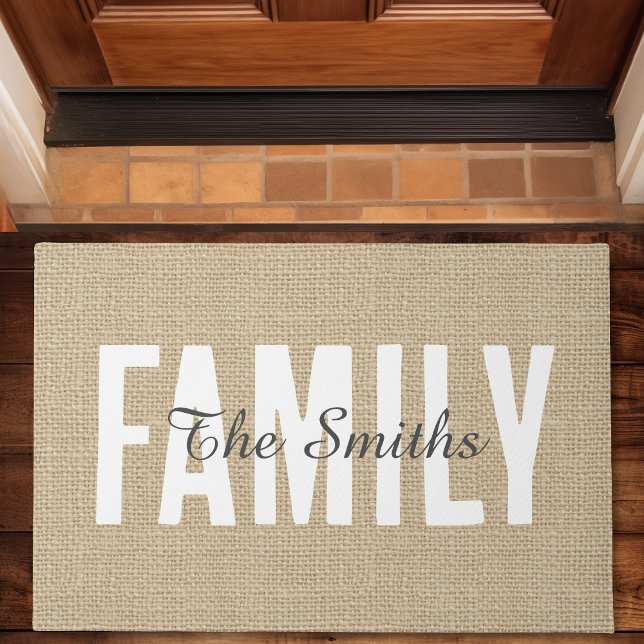 Paillasson Russe Jute Tan Burlap Famille Monogramme (Créateur téléchargé)