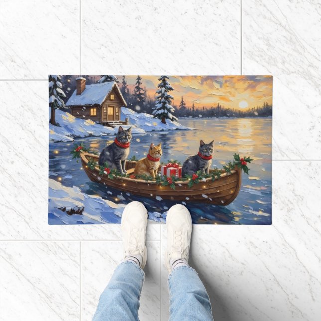 Paillasson Russian Blue Cat Christmas Boat Holiday (Intérieur)