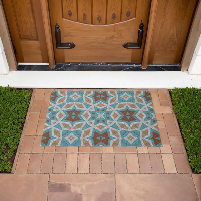 Paillasson Rust Terracotta Brown Turquoise Blue Tribal Art (De plein air)