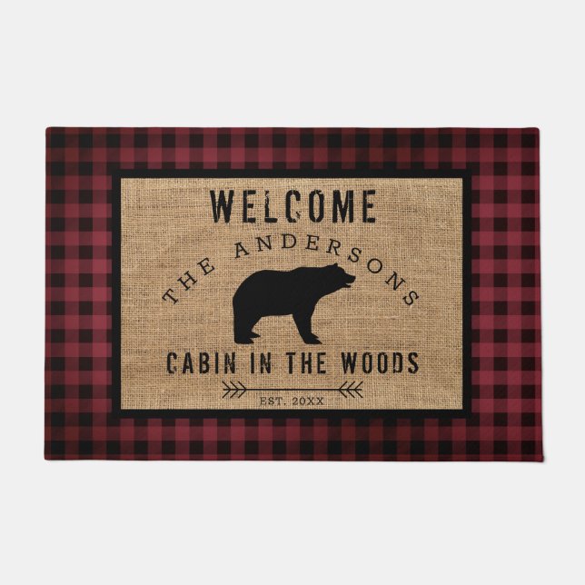 Paillasson Rustic Bear Bienvenue Cabine dans les bois Nom de  (Devant)