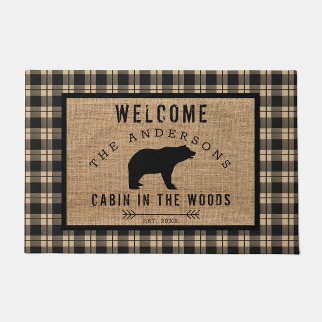 Paillasson Rustic Bear Bienvenue Cabine dans les bois Nom de  (Devant)