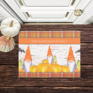 Paillasson Rustic Fall Gnome orange plaid citrouille