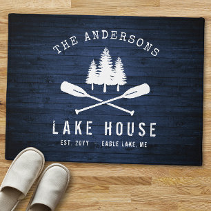 Paillasson Rustic Lake House Bateau Arbres Bois Bleu Imprimer