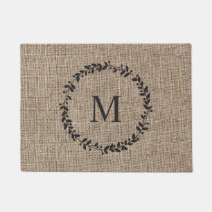 Paillasson Rustic Laurel Wreath Farmhouse Burlap Monogramme