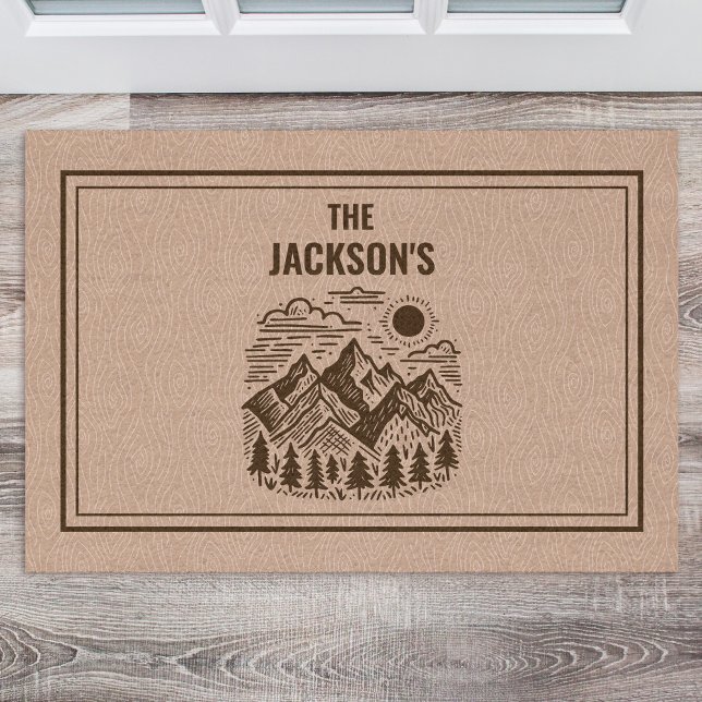 Paillasson Rustic Modern Mountain Custom (Modern Rustic Mountain Hand-drawn Custom Name Doormat)