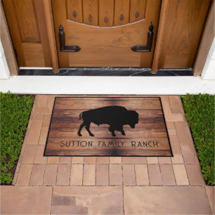 Paillasson Rustic Wood Nom de famille Bison Silhouette