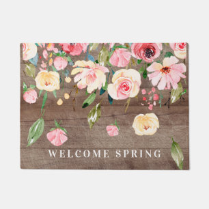 Paillasson Rustique Bienvenue Printemps Pink Peonies Floral