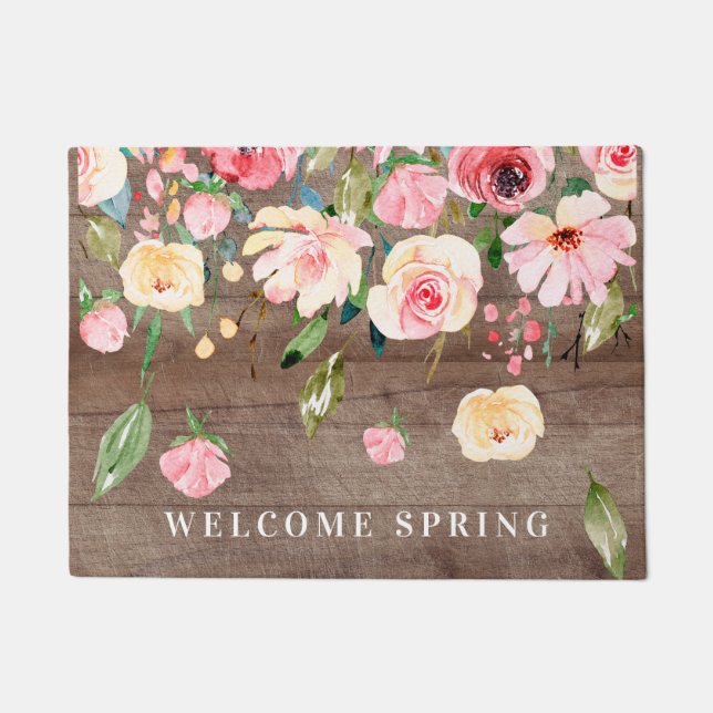 Paillasson Rustique Bienvenue Printemps Pink Peonies Floral (Devant)