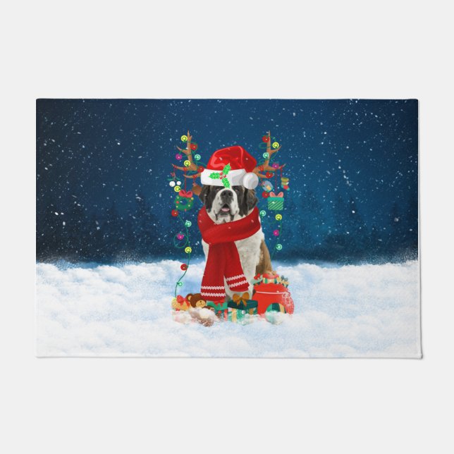 Paillasson Saint Bernard chien avec cadeaux de Noël (Devant)