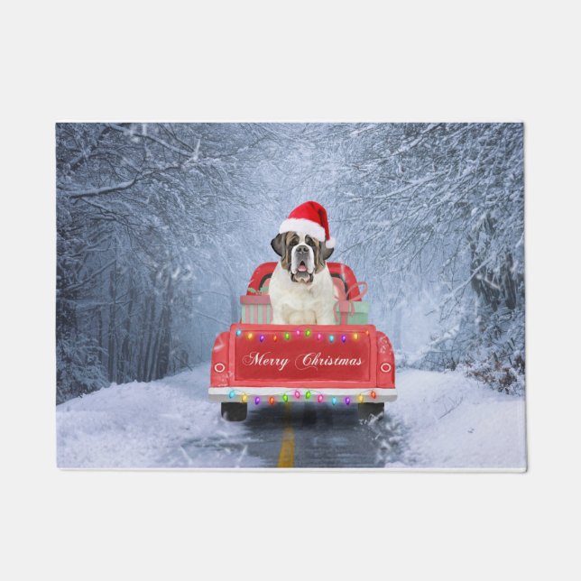 Paillasson Saint Bernard Dog en Neige assis Camion de Noël (Devant)