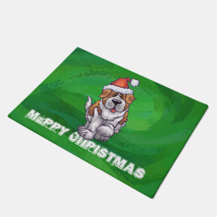 Paillasson Saint Bernard mignonne à Santa Chapeau sur Vert