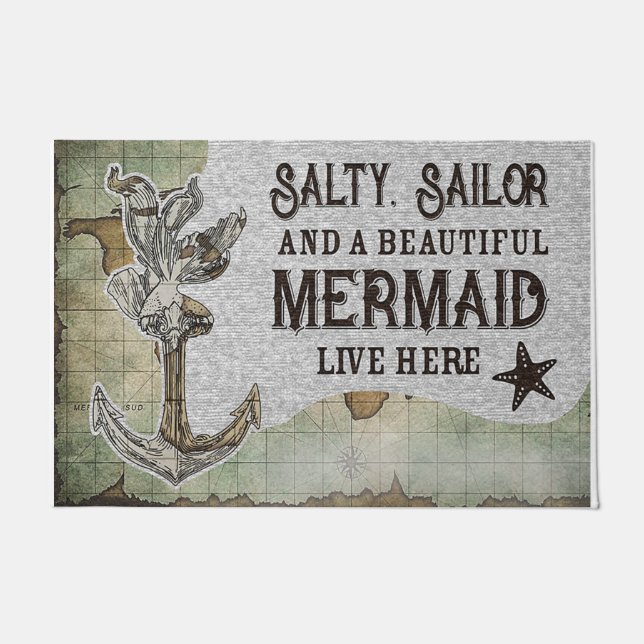 Paillasson Salty Sailor And A Beautiful Mermaid Live Here (Devant)