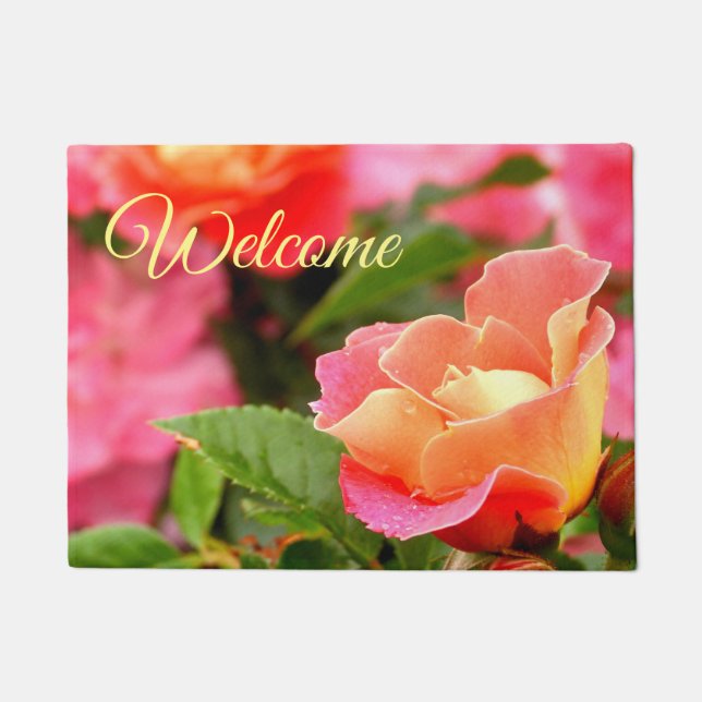 Paillasson Saumon de bienvenue rose et orange Rose Bud (Devant)