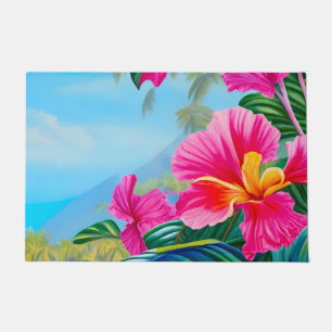Paillasson Scène tropicale avec des fleurs roses d'hibiscus h