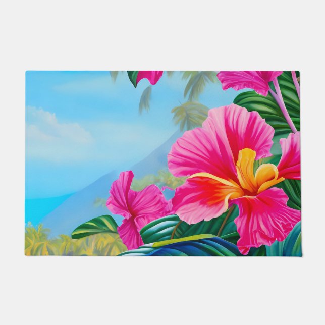 Paillasson Scène tropicale avec des fleurs roses d'hibiscus h (Devant)