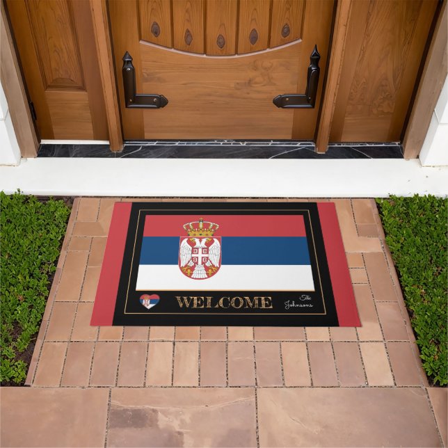 Paillasson Serbe & Serbe Drapeau maison mats / sports Bienven (De plein air)
