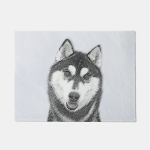Paillasson Sibérie Husky (noir et blanc) Peinture Chien Art
