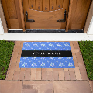 Paillasson Snowflakes blanc, Bleu, Votre nom, Personnaliser