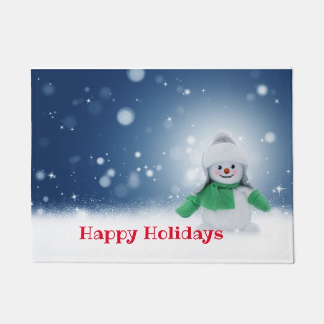 Paillasson Snowman avec une écharpe verte (Devant)