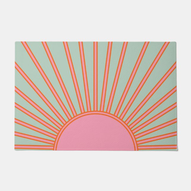 Paillasson Soleil Lever Vert Et Rose Abstrait Retro Soleil (Devant)