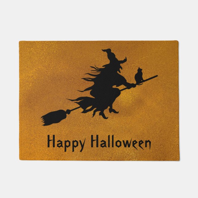 Paillasson Sorcière et chat heureux de Halloween sur une (Devant)