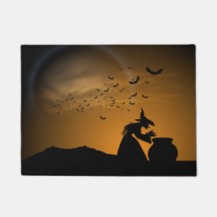 Paillasson Sorcière et chaudron de Halloween avec des battes