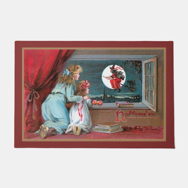 Paillasson Sorcière volant vintage avec Pleine lune et filles (Devant)