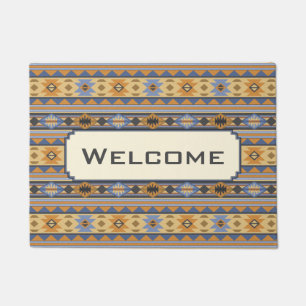 Paillasson Southwest Design Gold Blue Grey Tribal Motif
