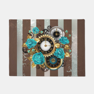 Paillasson Steampunk Clock and Turquoise Roses on Striped