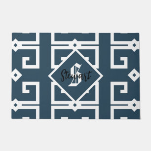 Paillasson Style moderne clé grecque bleu et blanc monogramme