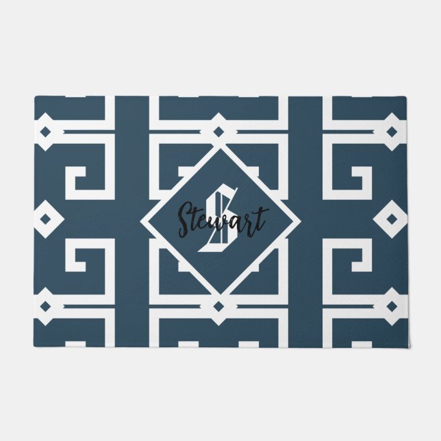 Paillasson Style moderne clé grecque bleu et blanc monogramme (Devant)