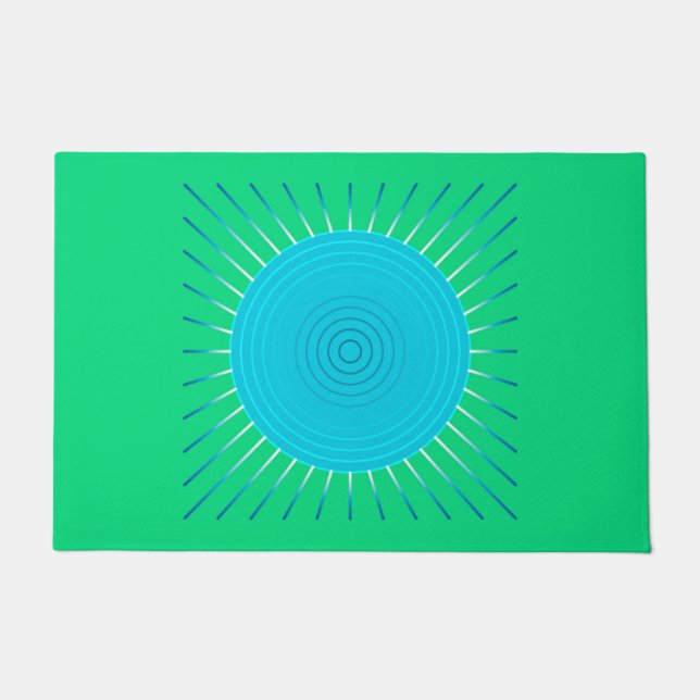 Paillasson Sunburst géométrique moderne, bleu et vert Jade (Devant)