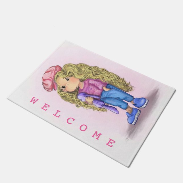 Paillasson Sweet Little Blonde Girl Bunny Jouet Amour - Bienv (Incliné)