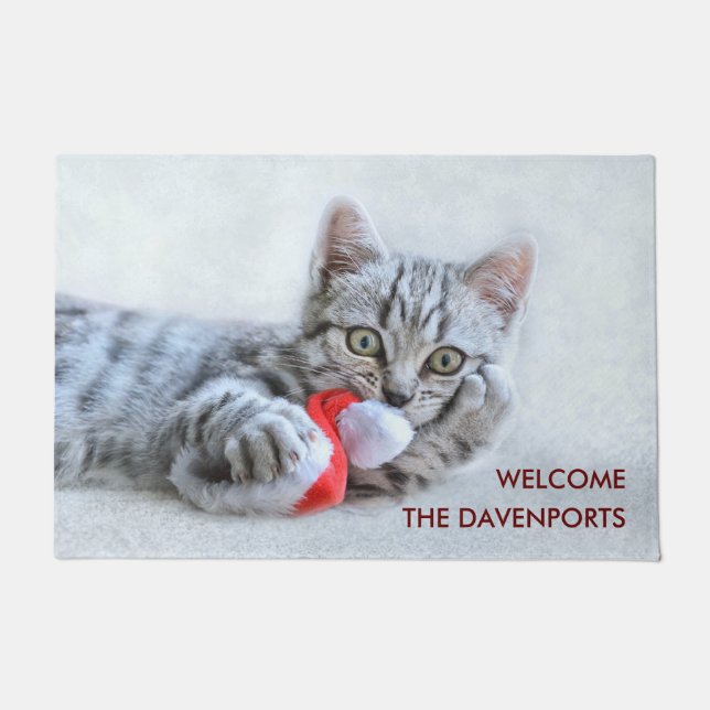 Paillasson Tabby gris mou Chat avec Noël Casquette (Devant)