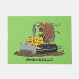 Paillasson Taureau drôle conduisant un bulldozer dessin animé