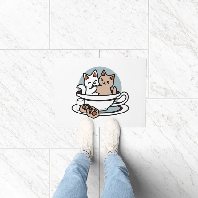 Paillasson Tea Time Meow Time - Cute Cat and Tea Design (Intérieur)