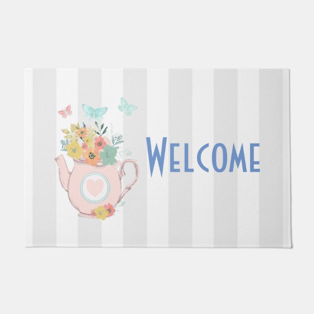 Paillasson Teapot rose avec Fleurs & Papillons Bienvenue (Devant)