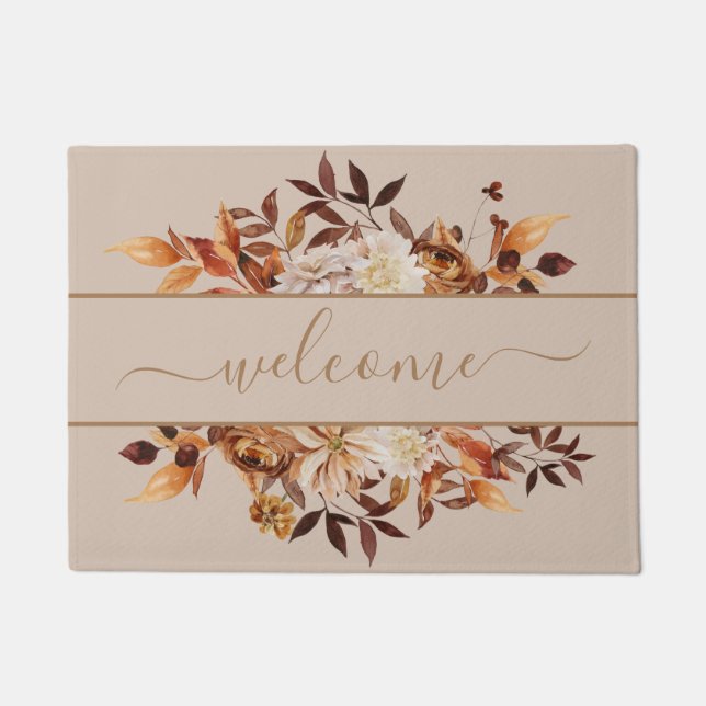 Paillasson Terracotta Aquarelle Automne Floral Feuilles Bienv (Devant)