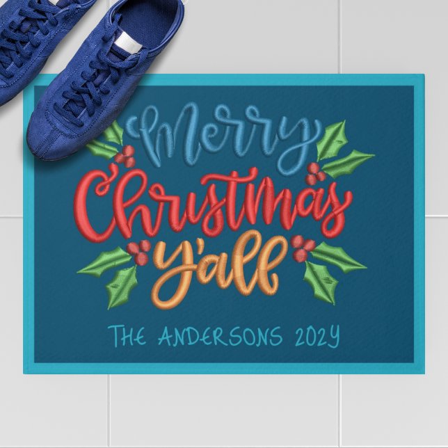 Paillasson Texte personnalisé Joyeux Noël Y'ALL BLUE RED GREE (Créateur téléchargé)