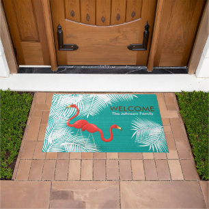 Paillasson Toile de jute turquoise avec les Flamants roses