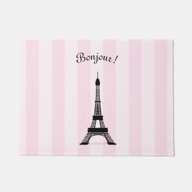Paillasson Tour Eiffel rose parisien chic de noir de rayure (Devant)