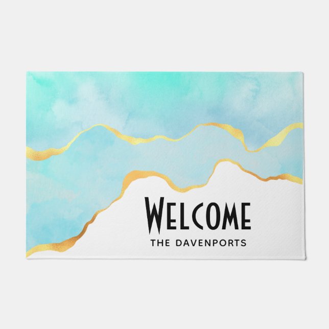 Paillasson Tranquille Tropical Vert Bleu avec bordure or (Devant)