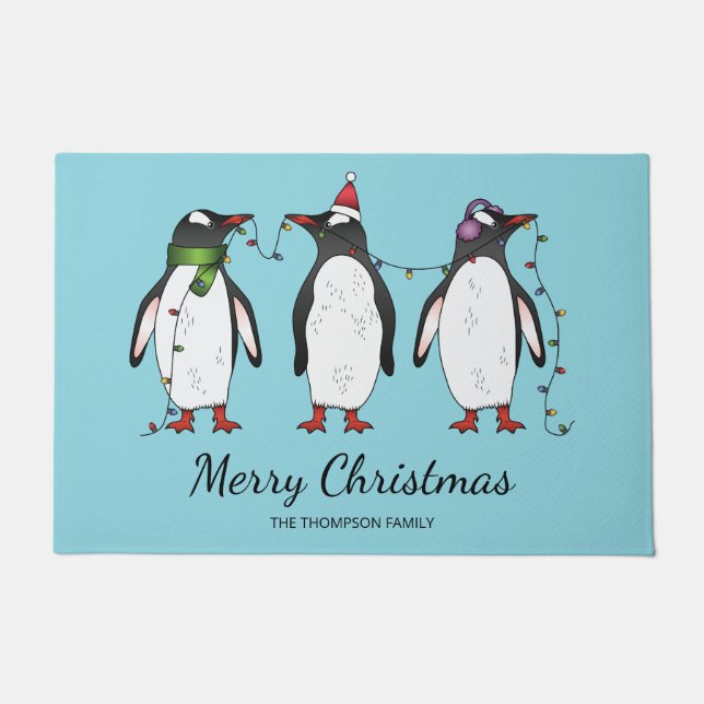 Paillasson Trois Pingouins Festifs De Noël Avec Texte Personn (Devant)