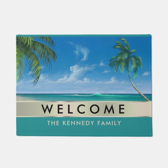 Paillasson Tropical Beach House Nom de famille Bienvenue (Devant)