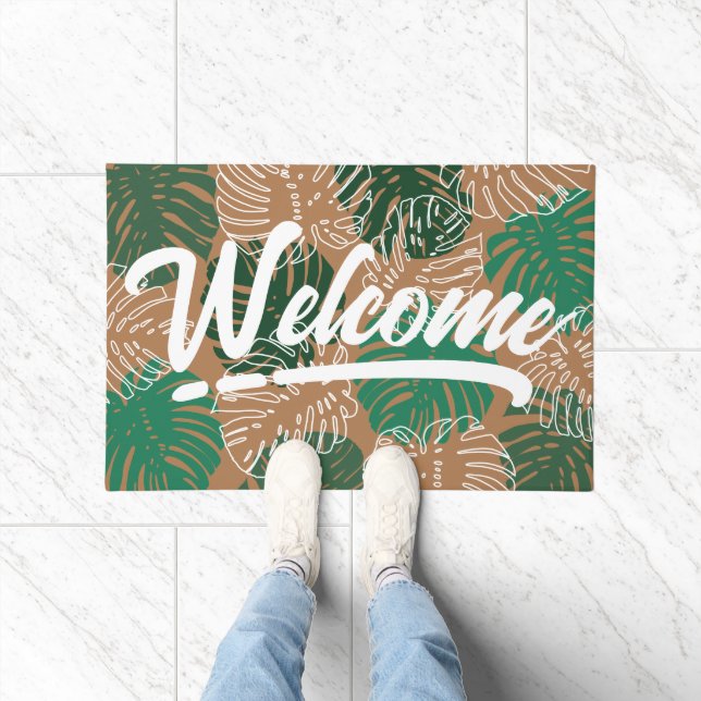 Paillasson Tropical Green Brown Leaves Script Bienvenue (Intérieur)