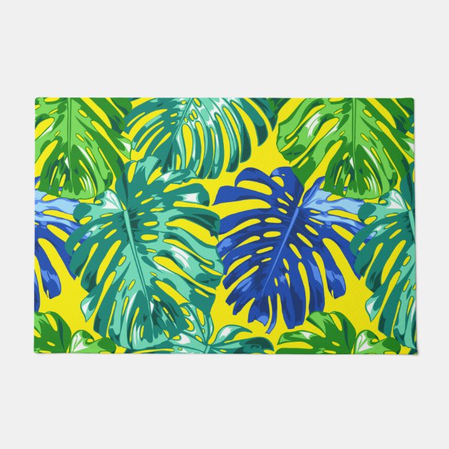 Paillasson Tropical Vert Bleu Jaune Jungle Feuilles (Devant)